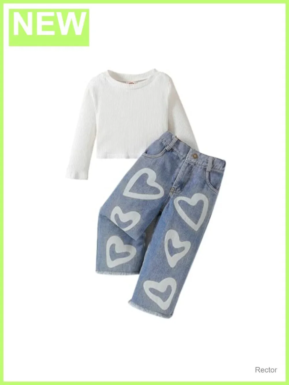 Toddler Girls Ribbed Long Sleeve Top Heart Jeans Outfit Set Cotton